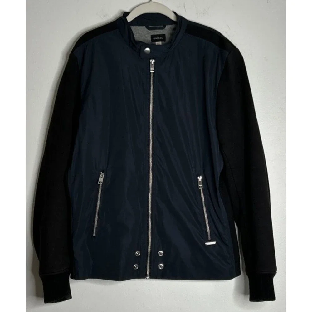 Diesel Bomber Jacket Deep Blue Black Color Block Mens Large Silver Zippers